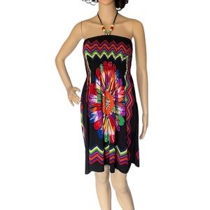 Black floral multi colored smocked halter dress. Women’s size S